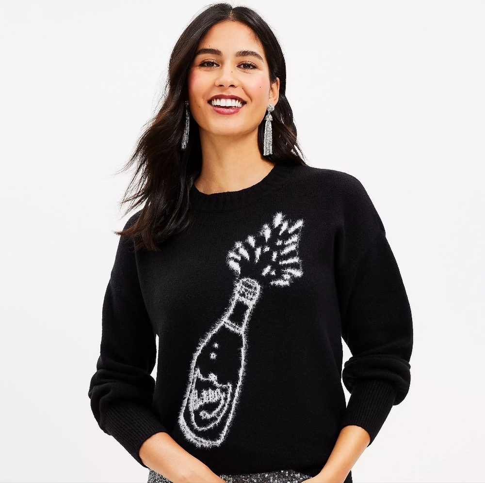 LOFT Champagne Fuzzy Crew Sweater Black White